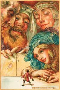 Gulliver talking with brobdingnagians on a desk